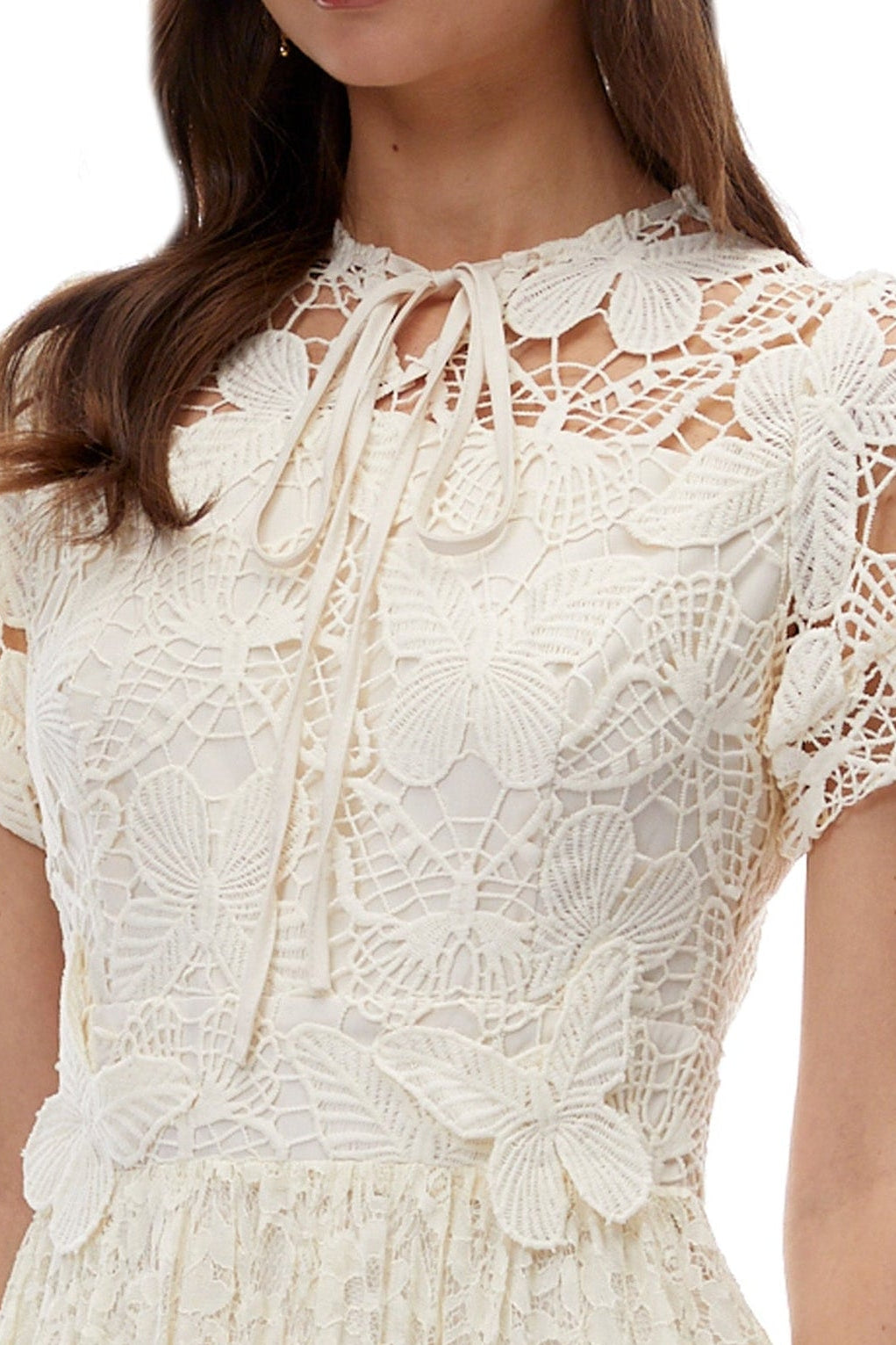 VictoireWhiteButterflyAppliqueLaceMaxiDress CREAM LACE TIE-NECK A-LINE MIDI DRESS