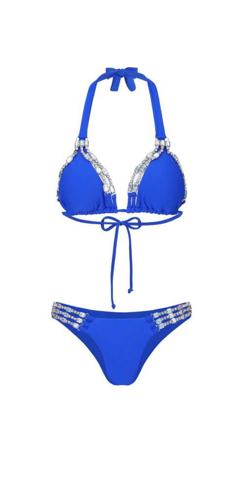 Y250201588-Blue-S TAYE HALTER LACING DIAMOND BIKINI SET