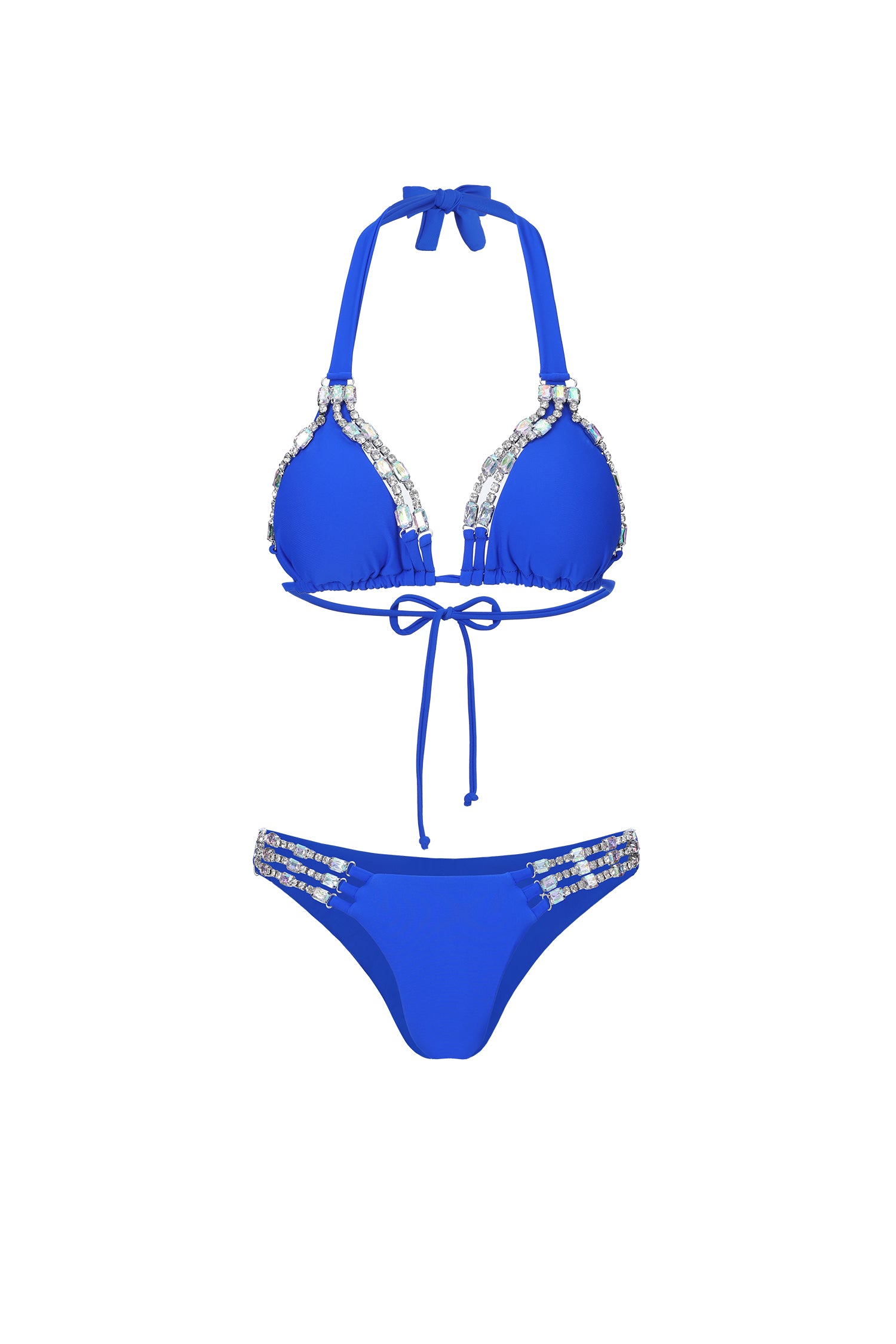 Y250201588-Blue-S TAYE HALTER LACING DIAMOND BIKINI SET