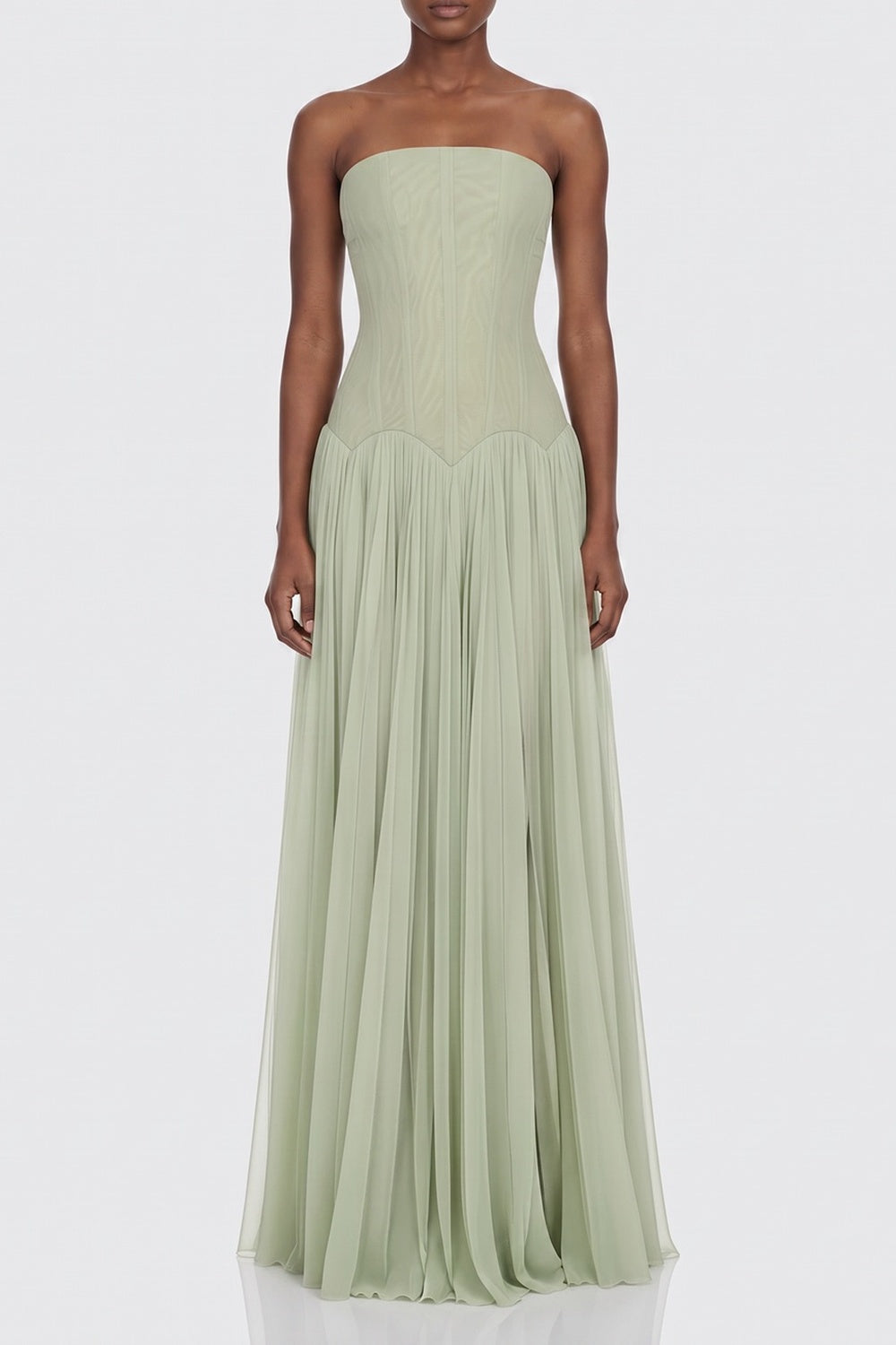 a00107c81479b89d STRAPLESS CORSET PLEATED CHIFFON MAXI GOWN