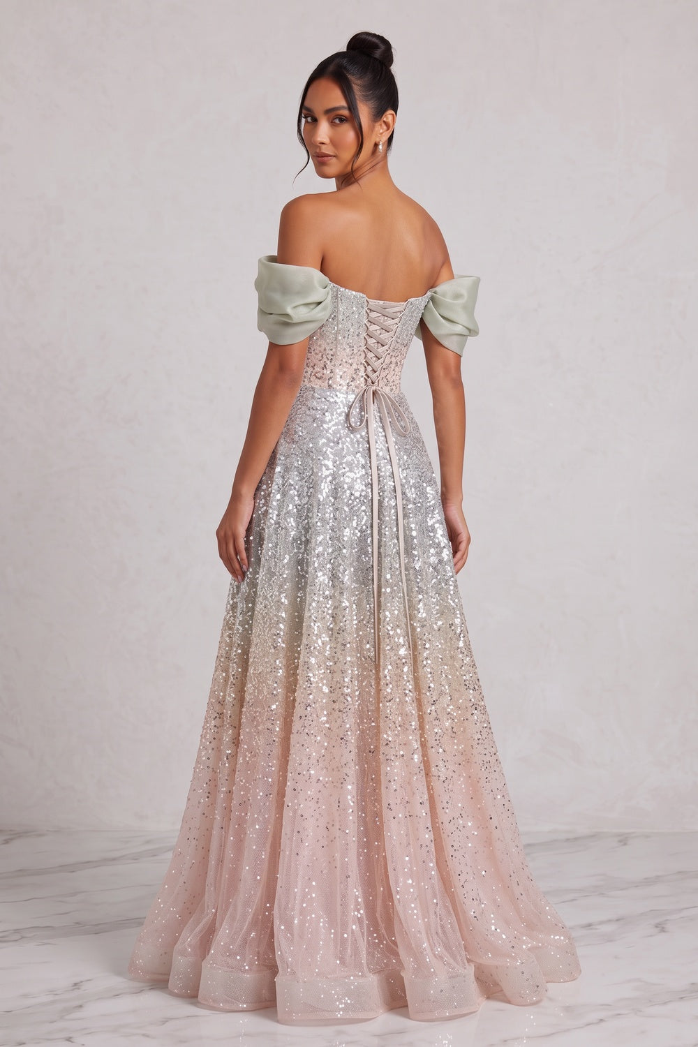 a036ebaf3cf6689d SILVER SEQUIN TULLE A-LINE EVENING GOWN