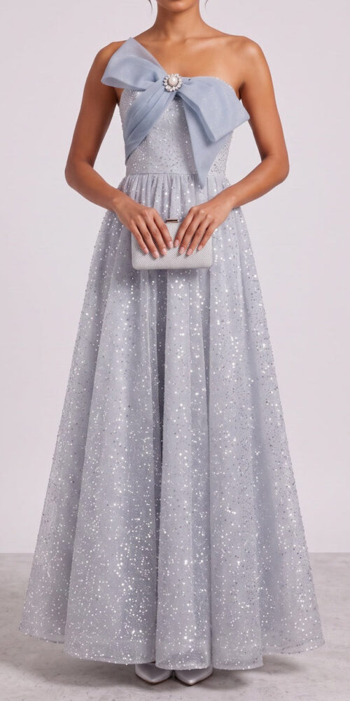 SILVER BLUE GLITTER TULLE A-LINE EVENING GOWN