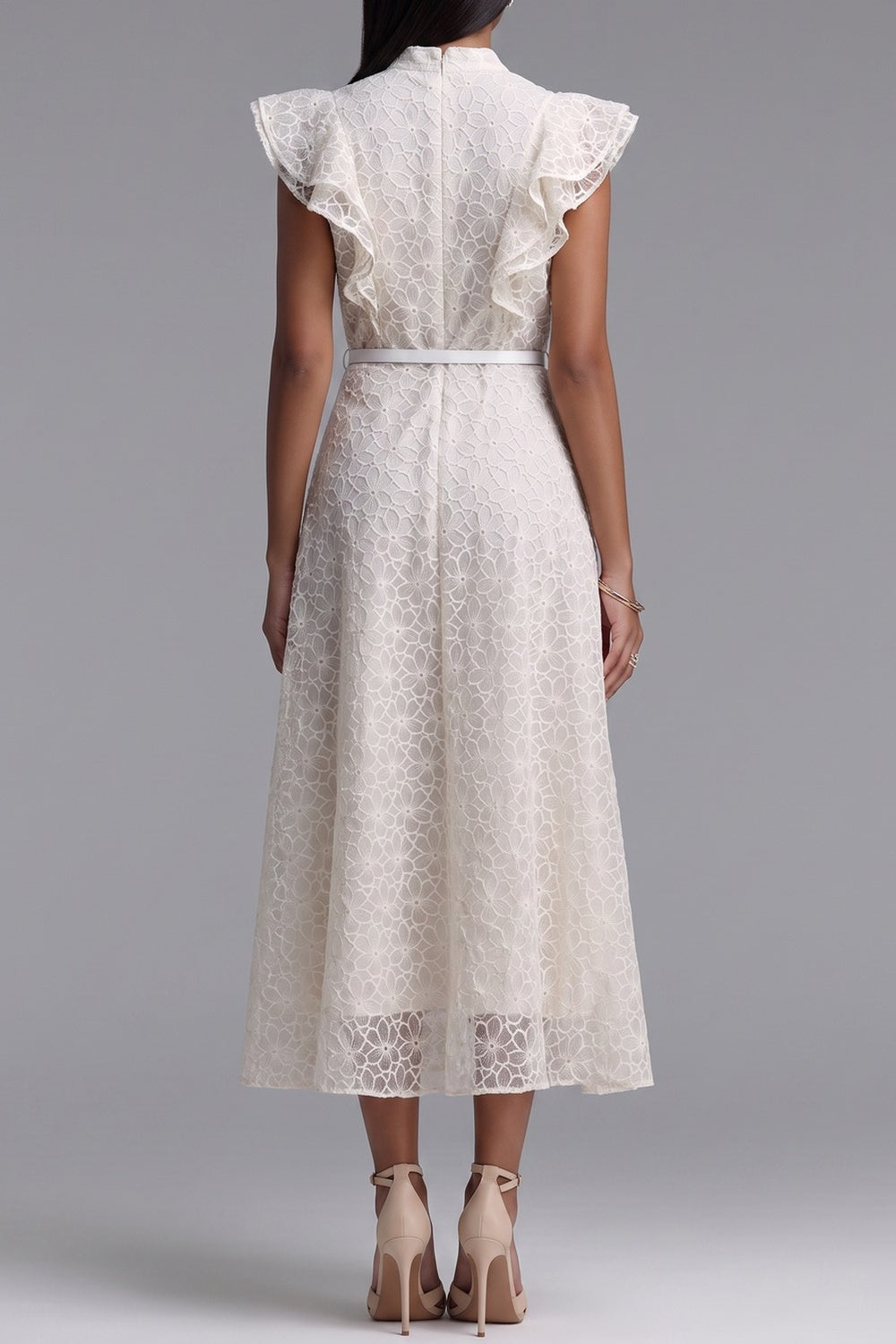 a06b69f66638ccaf MANDARIN COLLAR LACE MIDI DRESS WITH RUFFLE SLEEVE & BELT