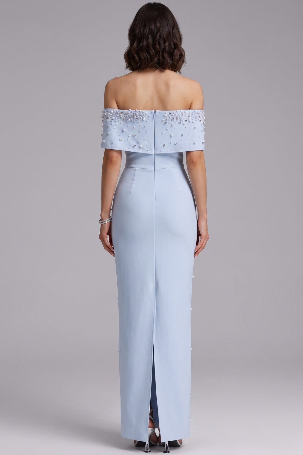 LIGHT BLUE PEARL COLUMN GOWN | STRUCTURED CREPE FORMAL DRESS