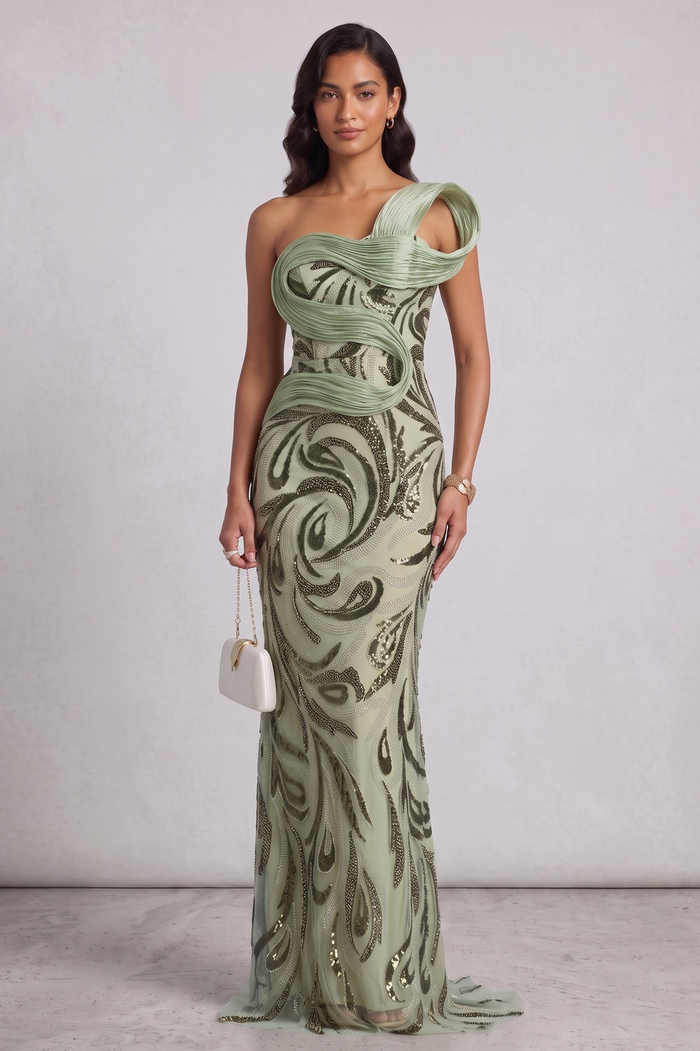 a0d9d1fe71214f69 SAGE GREEN ONE-SHOULDER SEQUIN GOWN FOR EVENING