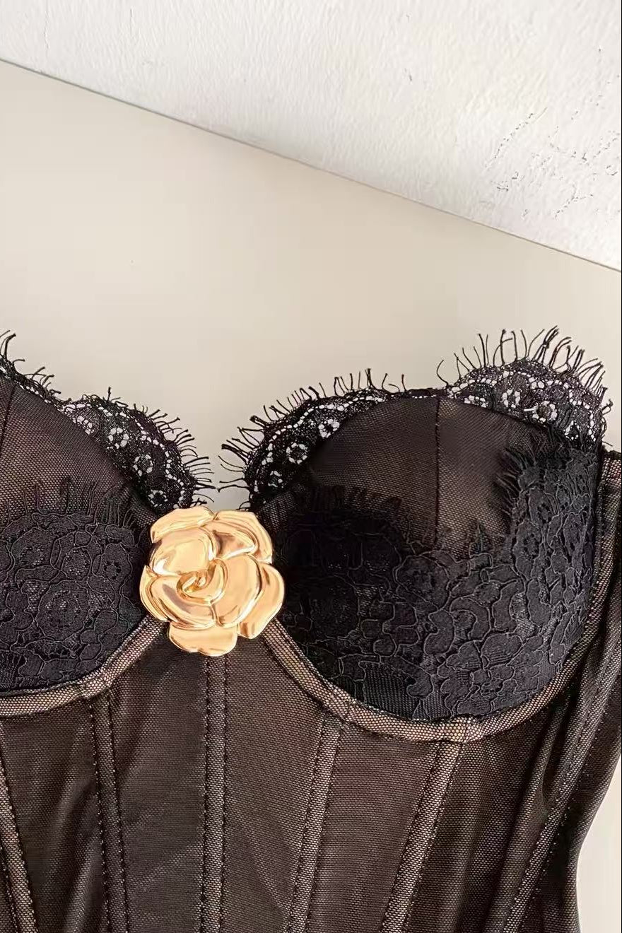FLORAL LACE SATIN BONED STRAPLESS CORSET TOP FOR WEDDING