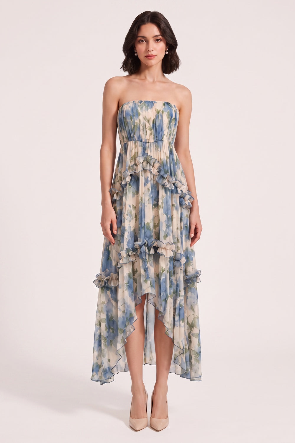 a145322491996db7 BLUE FLORAL STRAPLESS TIERED MIDI DRESS