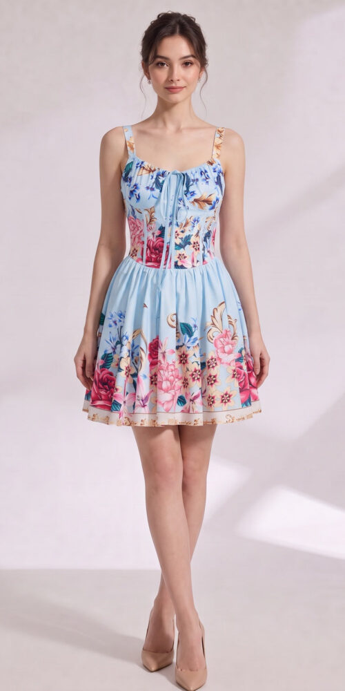 LIGHT BLUE STRUCTURED FIT & FLARE COTTON DRESS
