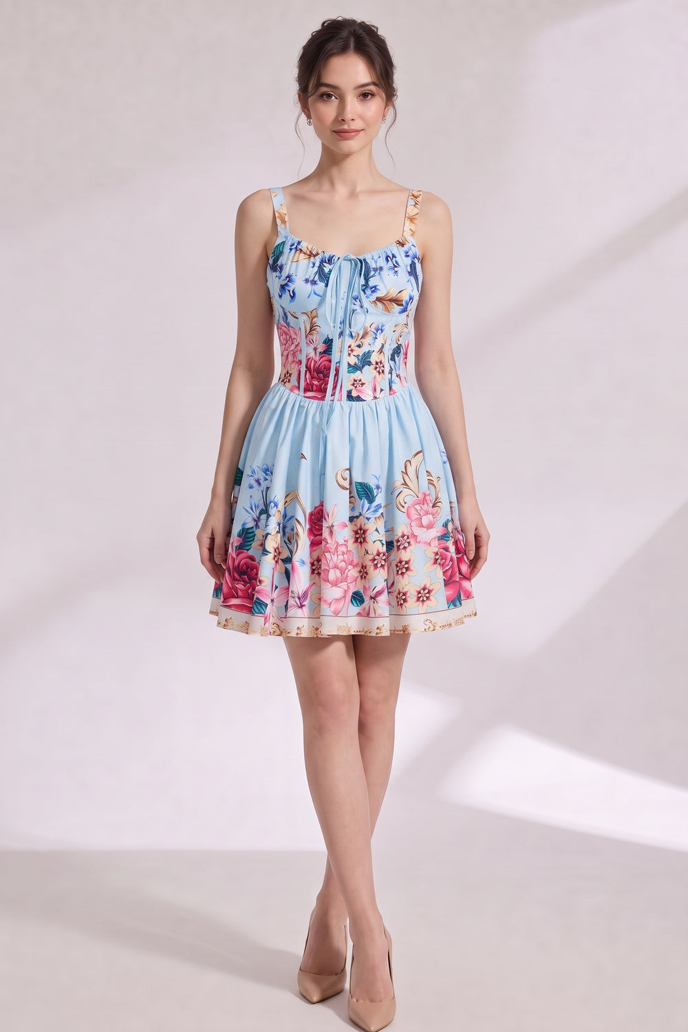 a14d93030cf67570 LIGHT BLUE STRUCTURED FIT & FLARE COTTON DRESS