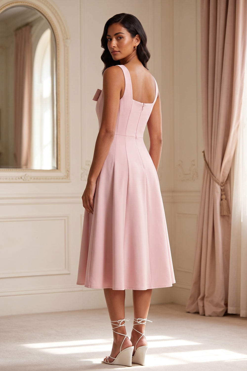 a1dbd3145b7908dd SQUARE NECK BOW SATIN MIDI SWING DRESS