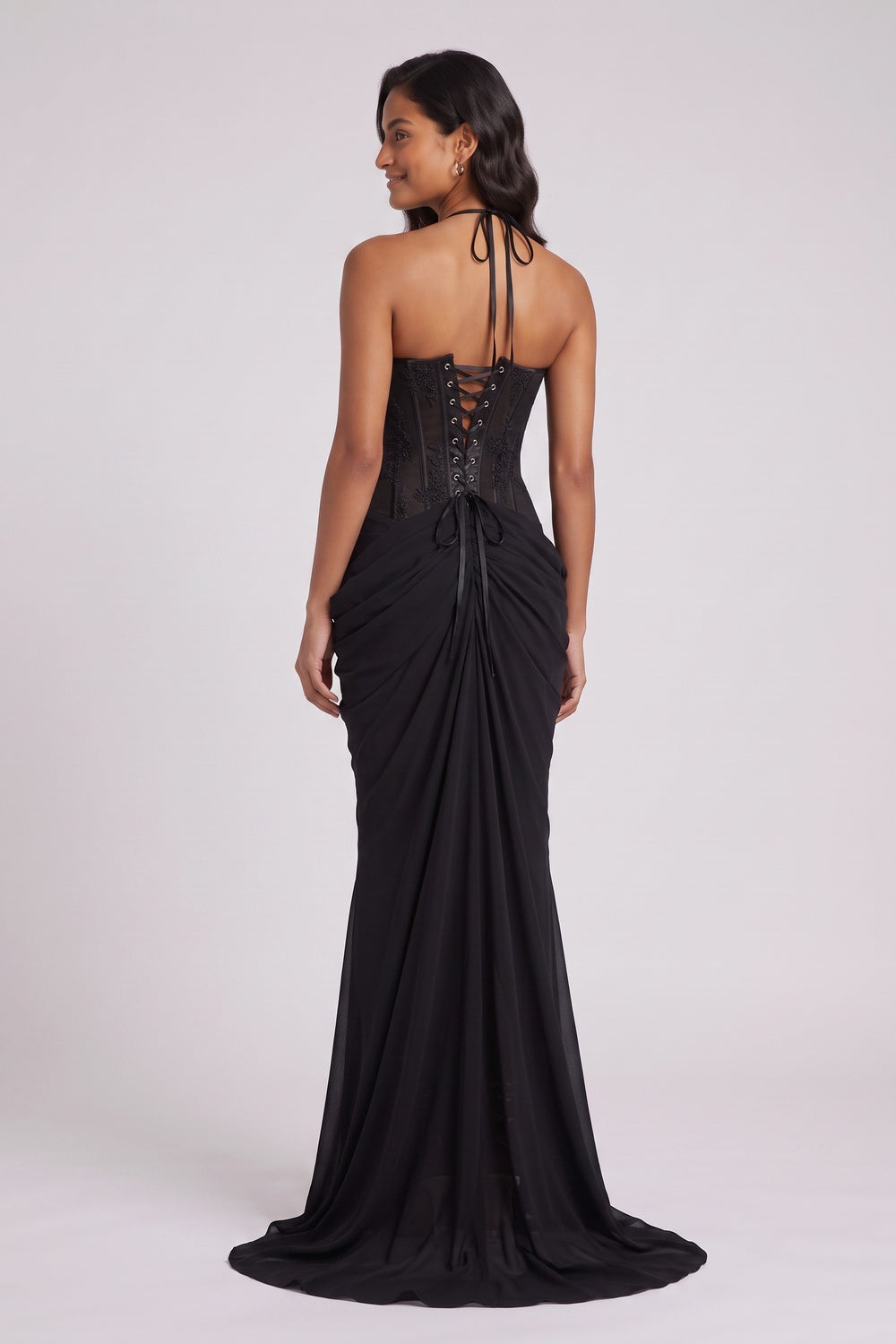 BLACK CHIFFON MERMAID GOWN WITH DRAPED TRAIN