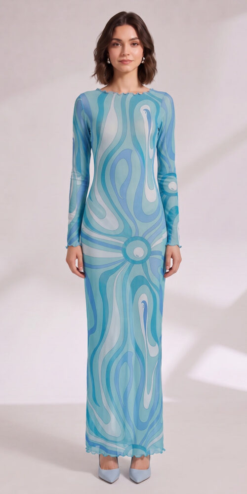 BLUE SCALLOPED WAVE MAXI DRESS, BOHO BEACH PARTY