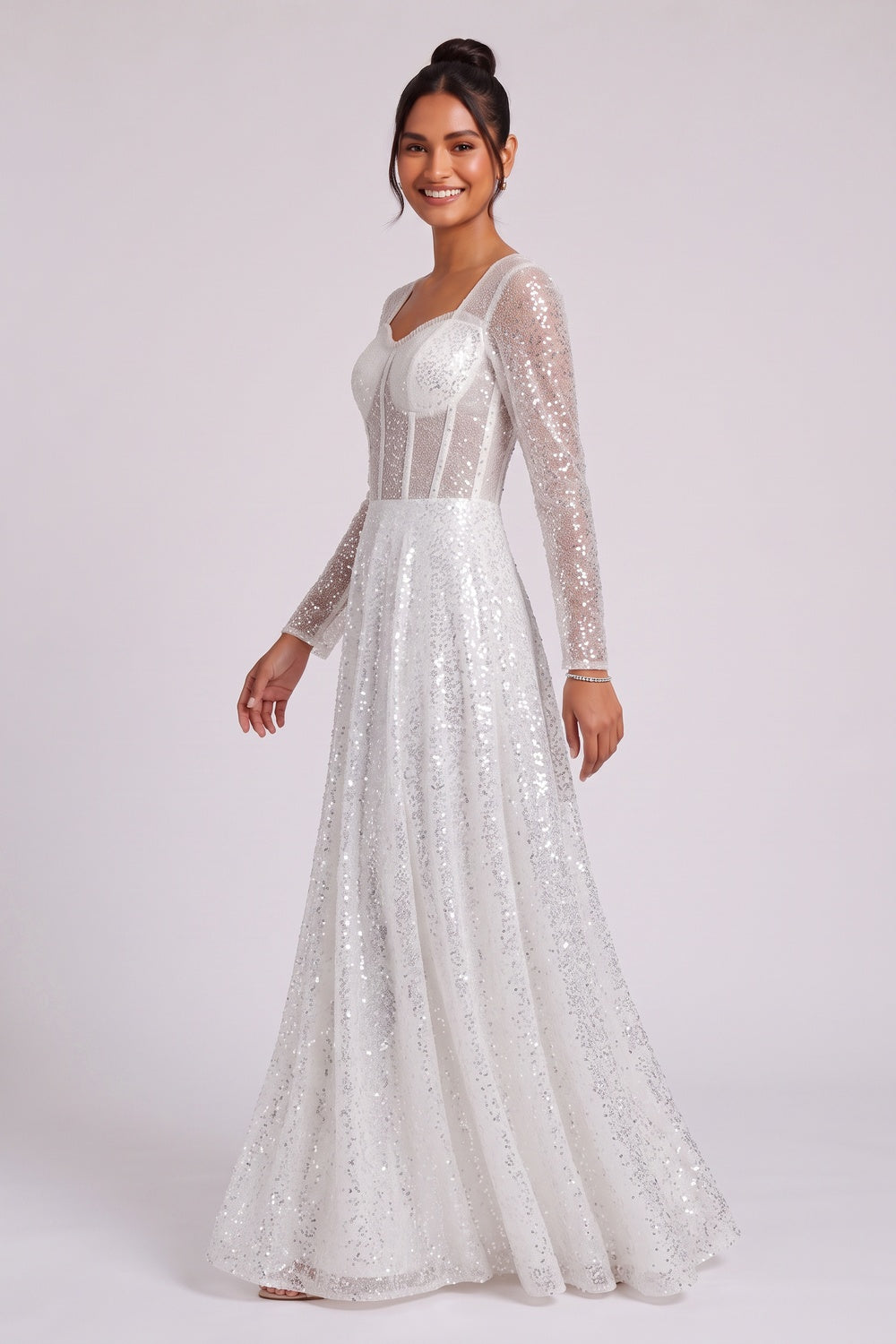 WHITE SEQUIN TULLE A-LINE PROM GOWN