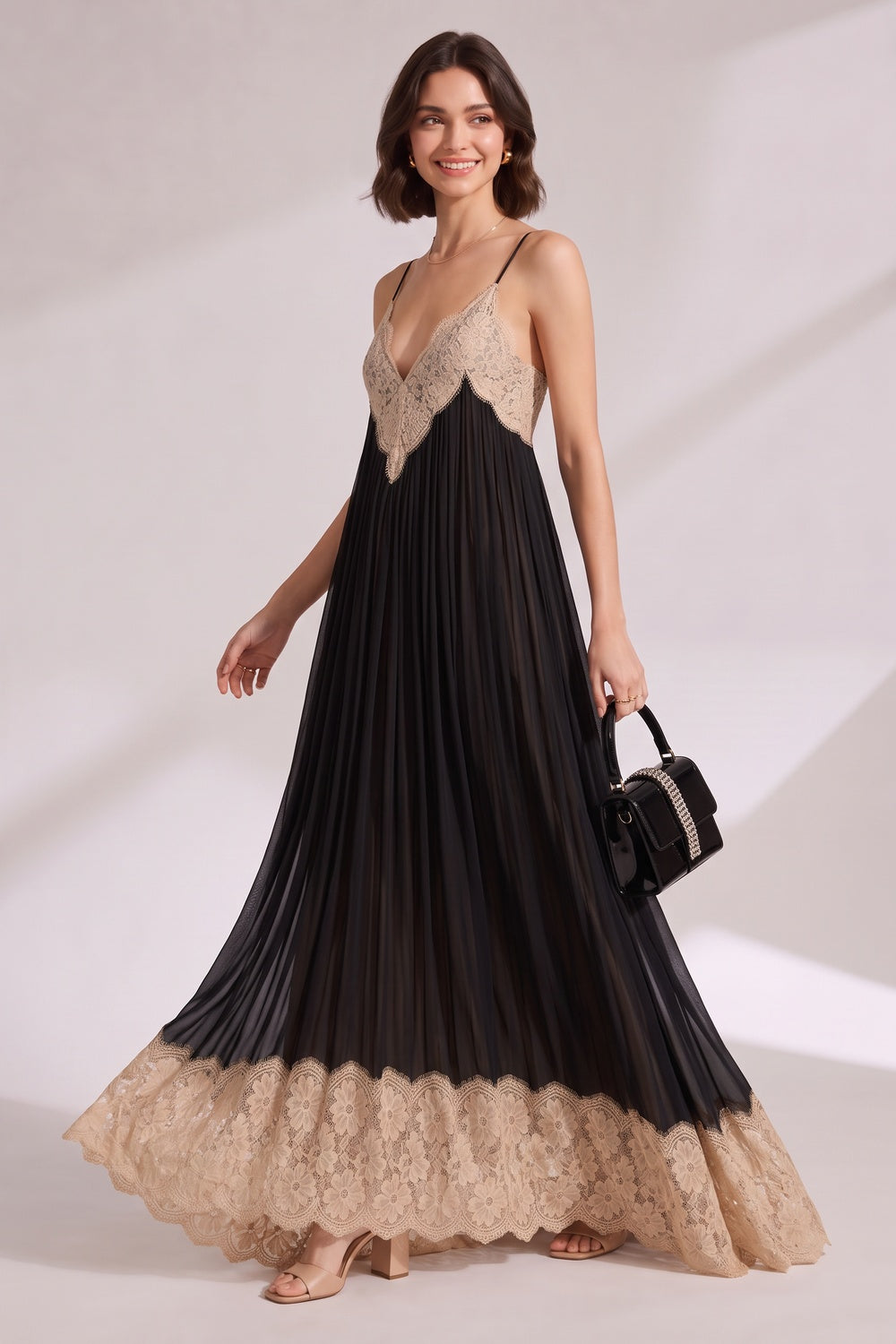 a24142e1c6715762 CONTRAST LACE STRAP PLEATED MAXI DRESS
