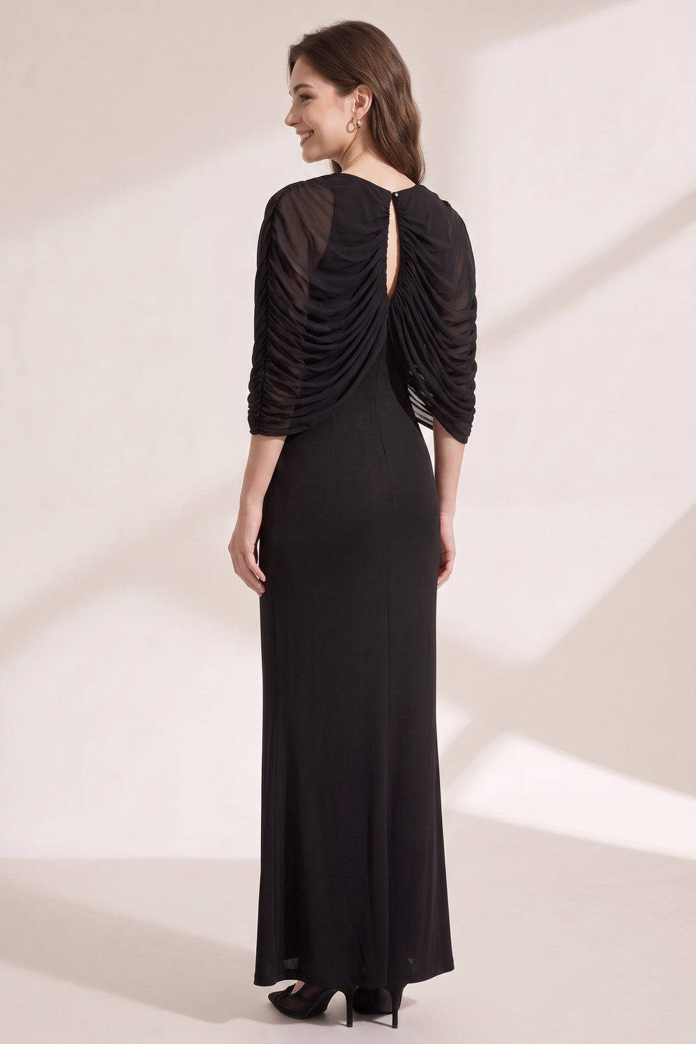 a272ff0391dbacfa BLACK MATTE JERSEY COLUMN GOWN WITH DRAPED CAPELET