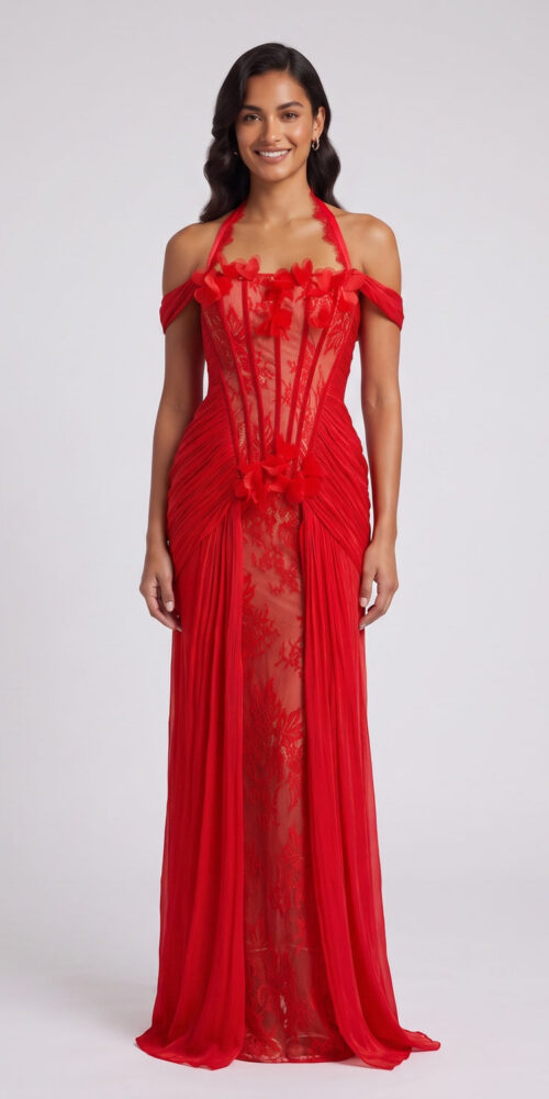 a2be46c87cb57767 RED FLORAL HALTER GOWN, FLOOR-LENGTH FORMAL