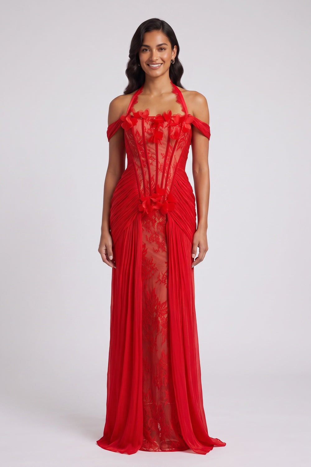 a2be46c87cb57767 RED FLORAL HALTER GOWN, FLOOR-LENGTH FORMAL