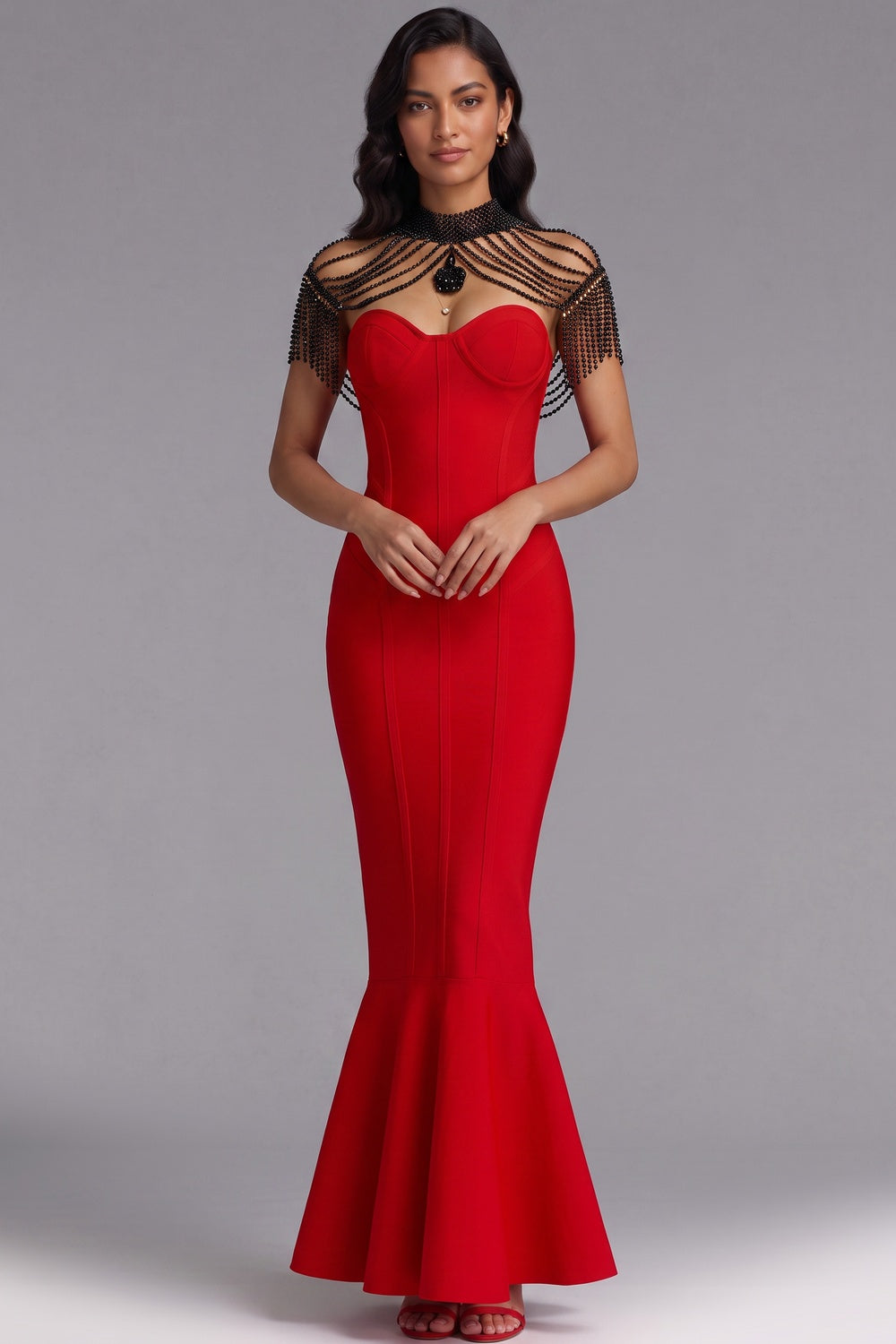 a2c997a9c5aabafb RED MERMAID BEADED FRINGE EVENING GOWN