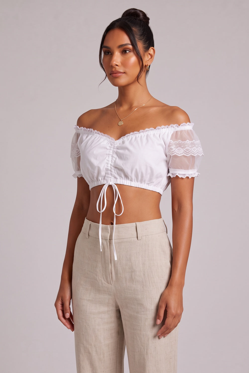 a2f63d59923f53c1 WHITE OFF-SHOULDER CROP TOP DIRNDL BLOUSE, COTTON BLEND