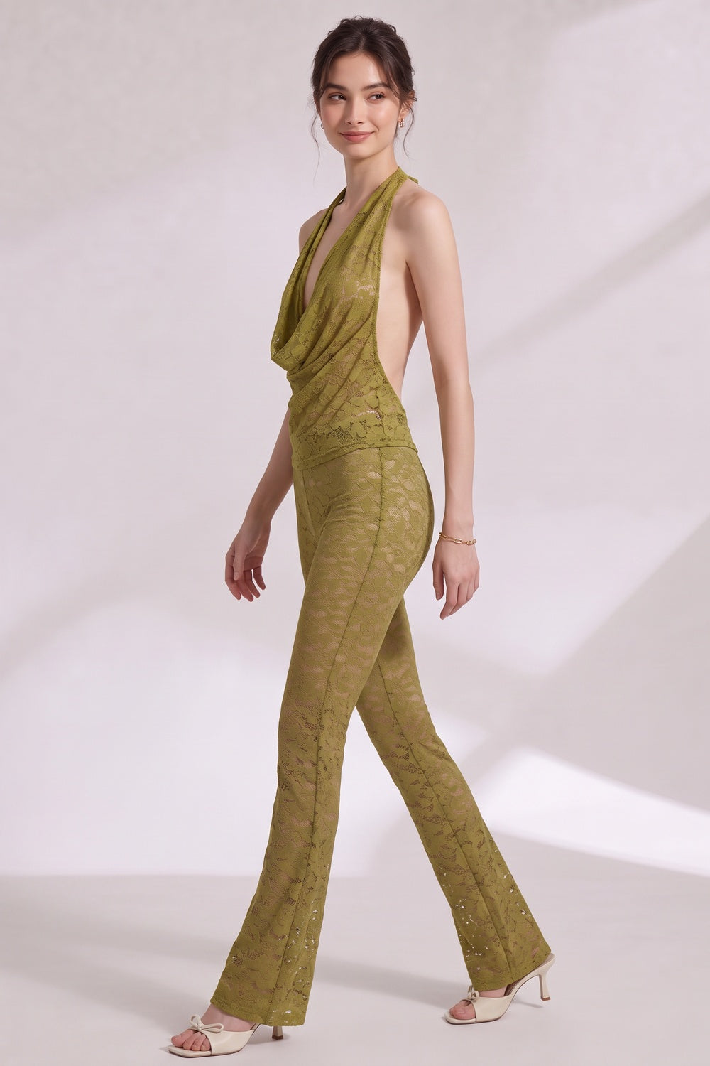 a31e873dbf4f202c OLIVE GREEN LACE HALTER COWL NECK TOP & FLARED PANTS SET