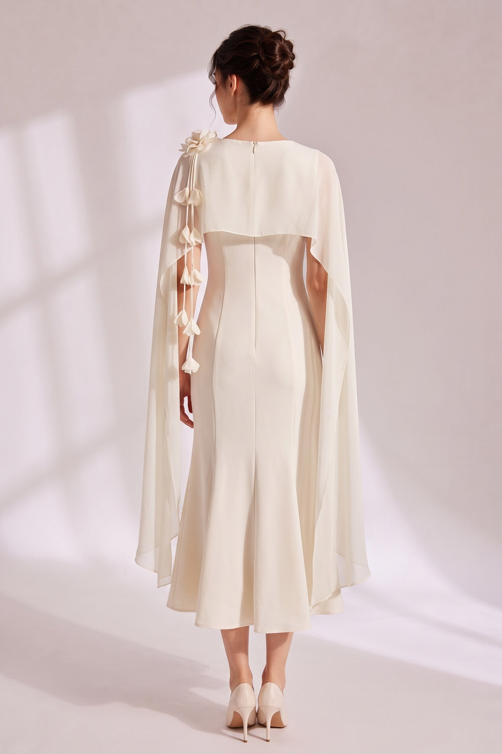 a360c9202702972f 3D FLORAL CHIFFON CAPE MIDI MERMAID DRESS