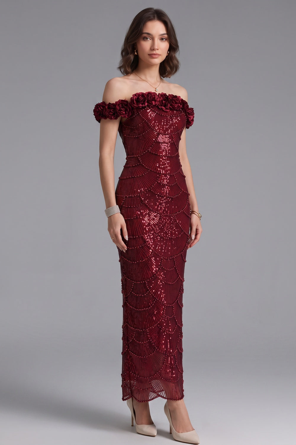 BURGUNDY SEQUIN MESH COLUMN GOWN