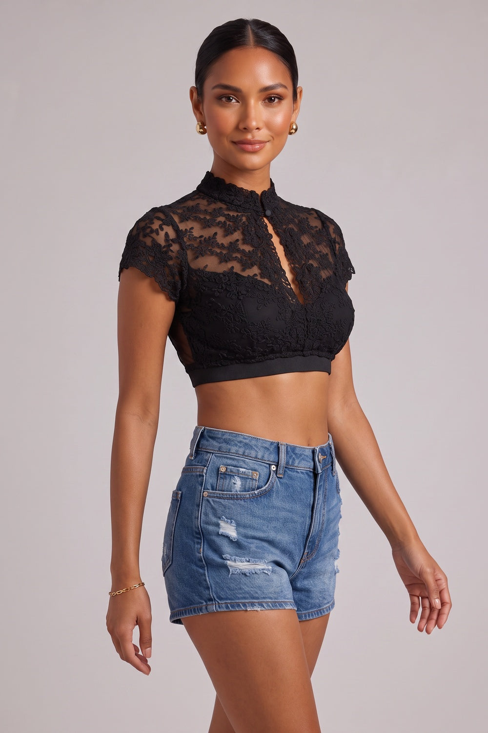 a39bd560995c44ea BLACK LACE FITTED CROP TOP FLORAL PARTY WEAR