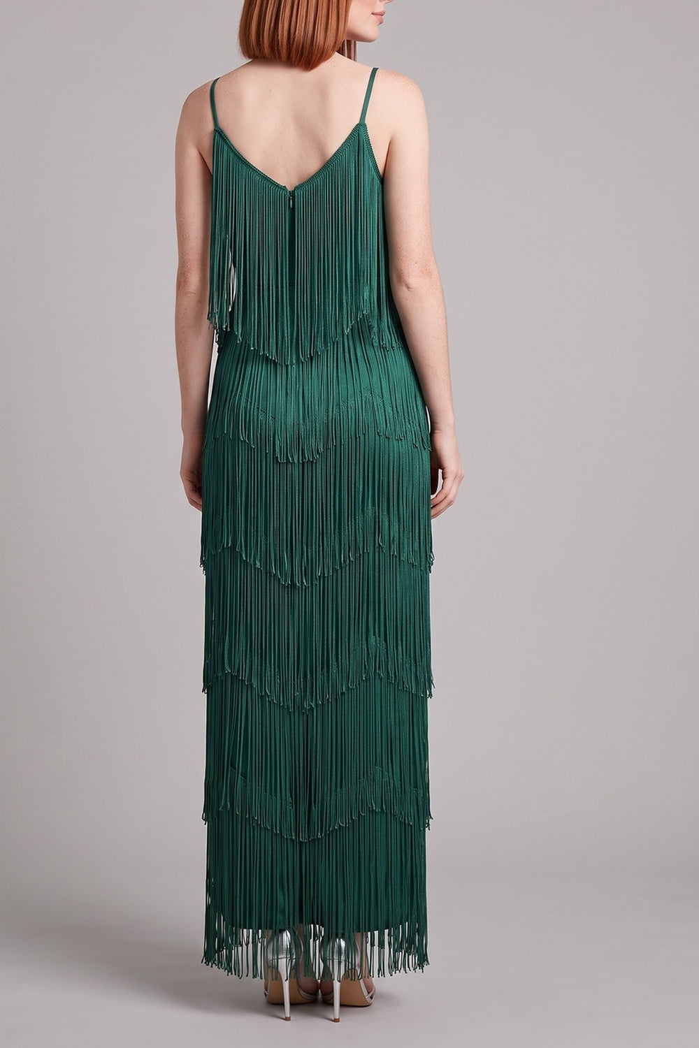 a3a1ceeacec03243 SPAGHETTI STRAP V-NECK FRINGE MAXI DRESS, BOHO PARTY
