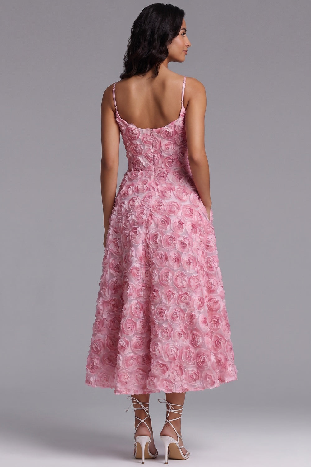 a3edd2fd7aa8cc2a PINK ROSETTE MESH A-LINE MIDI DRESS FOR WEDDING GUEST