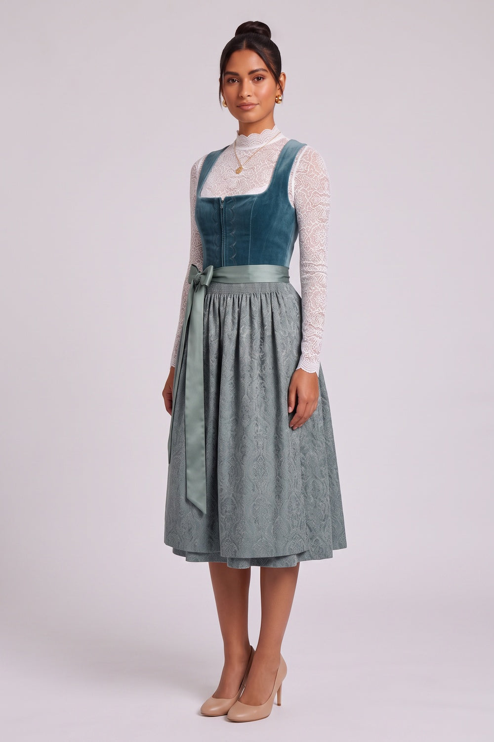 TEAL VELVET DIRNDL DRESS, FITTED BODICE A-LINE SKIRT, TRADITIONAL