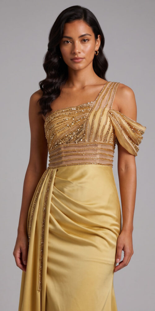 a4469f11b7f2c382 ONE SHOULDER BEADED MERMAID SATIN EVENING GOWN