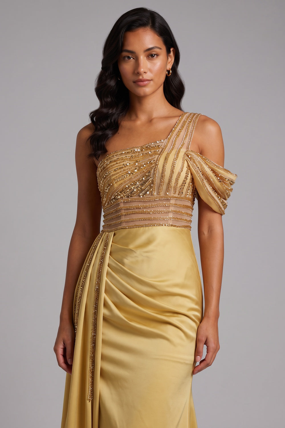 a4469f11b7f2c382 ONE SHOULDER BEADED MERMAID SATIN EVENING GOWN