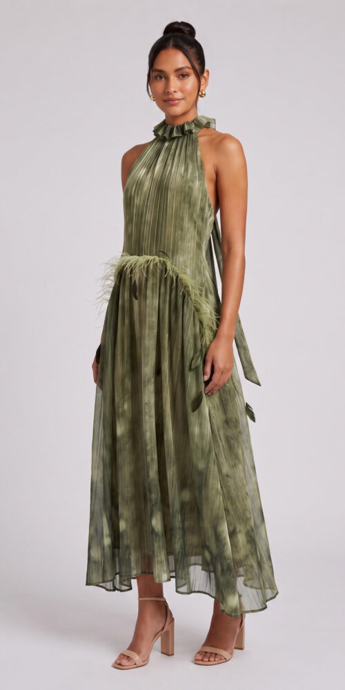 a455e4bda8507697 OLIVE GREEN CHIFFON HALTER A-LINE MIDI DRESS