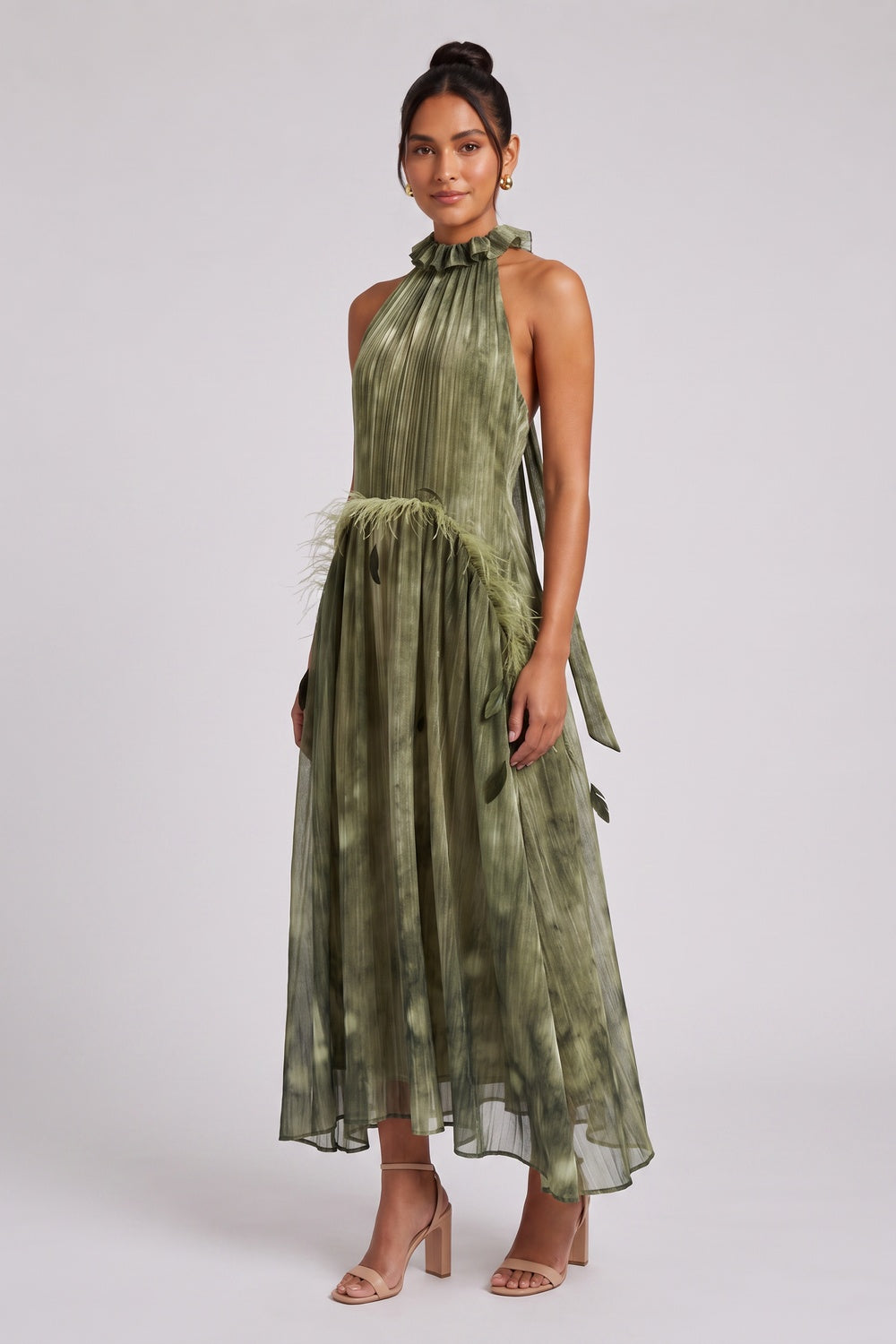 a455e4bda8507697 OLIVE GREEN CHIFFON HALTER A-LINE MIDI DRESS