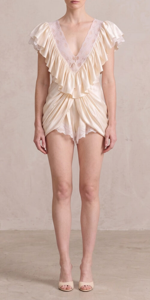 a4ff7ef3c0e33853 LACE V-NECK RUFFLE SATIN MINI ROMPER