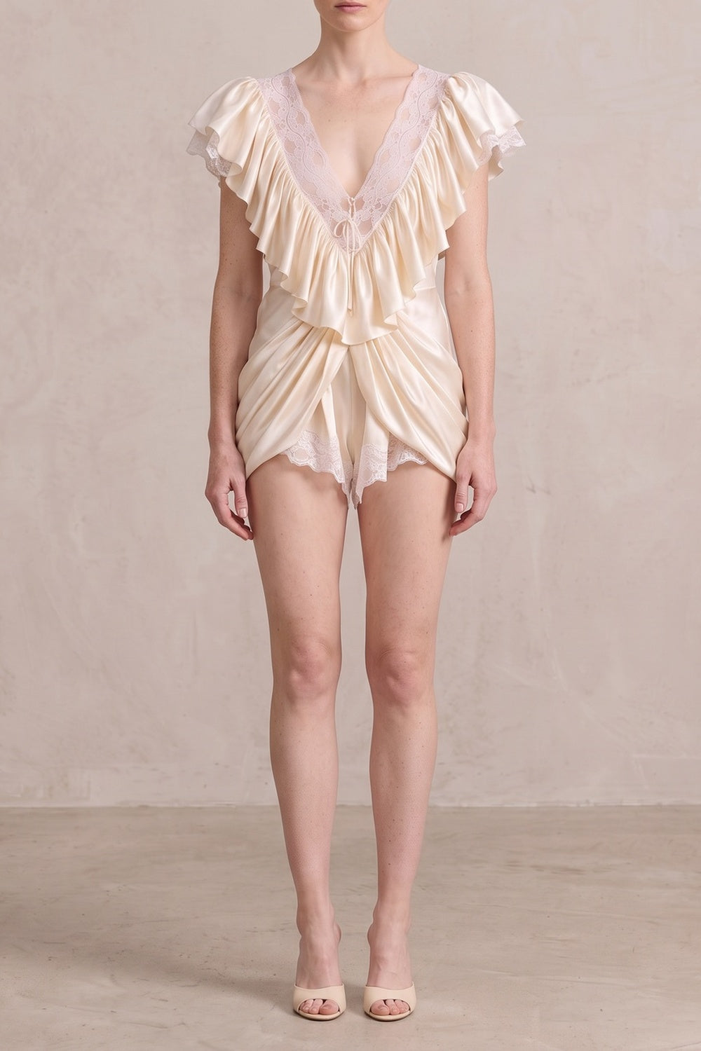 LACE V-NECK RUFFLE SATIN MINI ROMPER