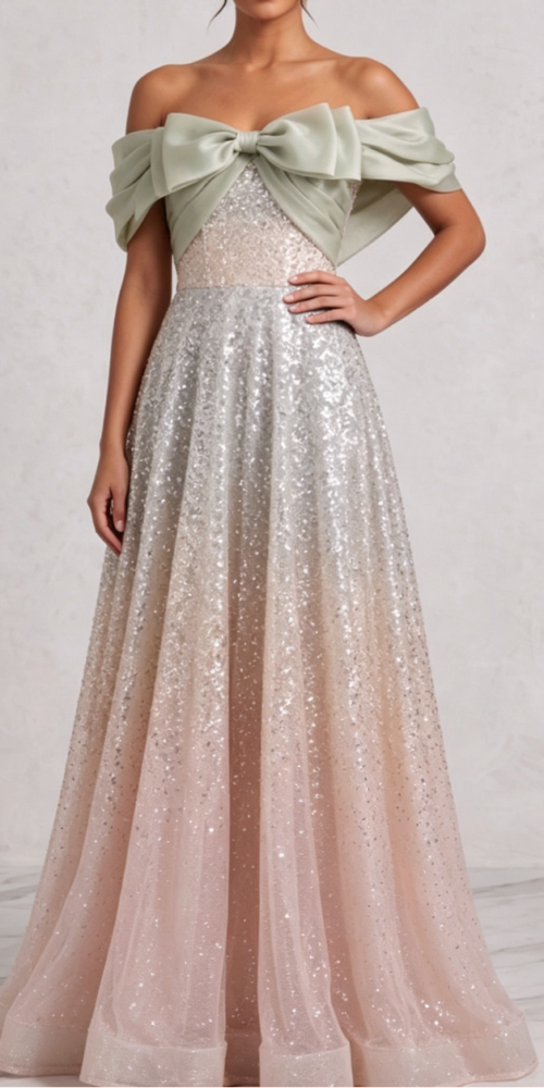 SILVER SEQUIN TULLE A-LINE EVENING GOWN