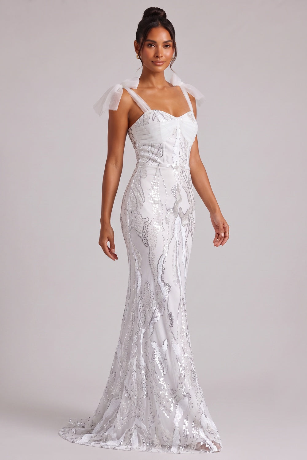 a55d4fc225a4bb95 WHITE SEQUIN BOW STRAP GOWN, FLOOR-LENGTH EVENING DRESS