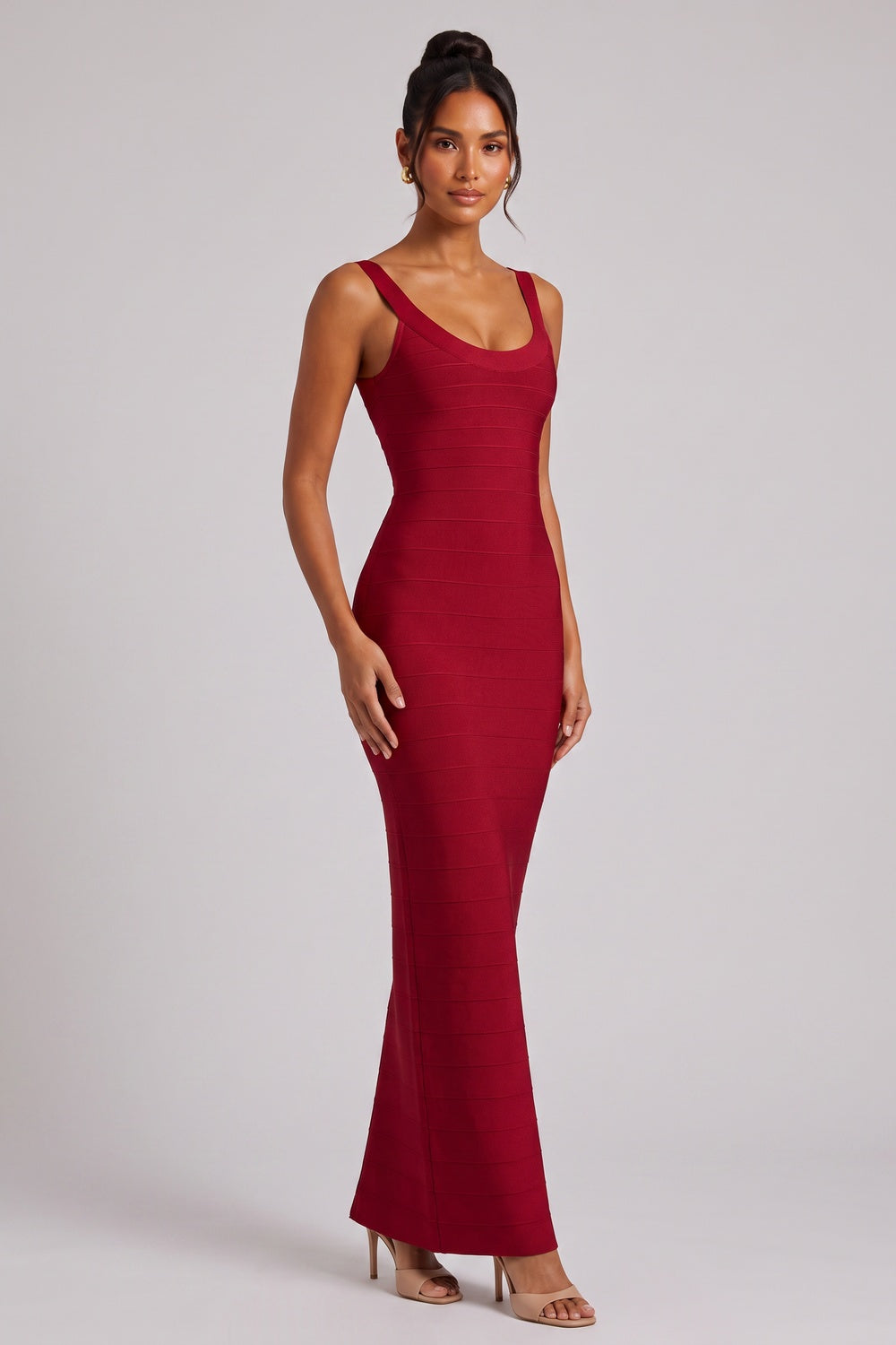 a56cf223e73261c8 BURGUNDY SLEEVELESS BANDAGE MIDI DRESS FOR PARTY