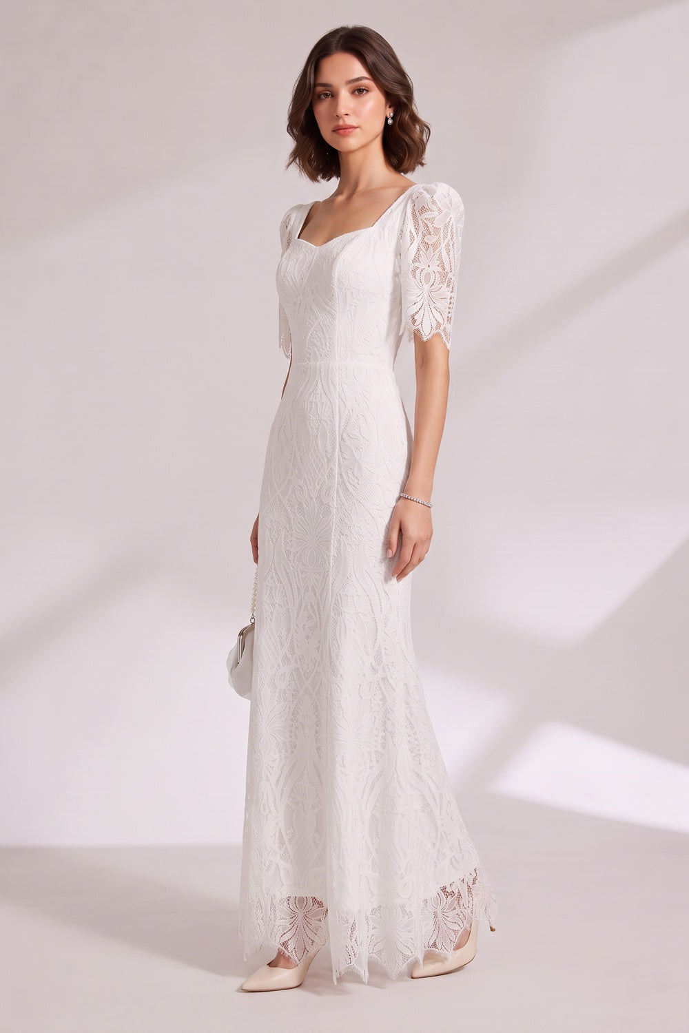 a5756eb7b4ad3afc WHITE LACE MAXI DRESS PUFF SLEEVE WEDDING GUEST