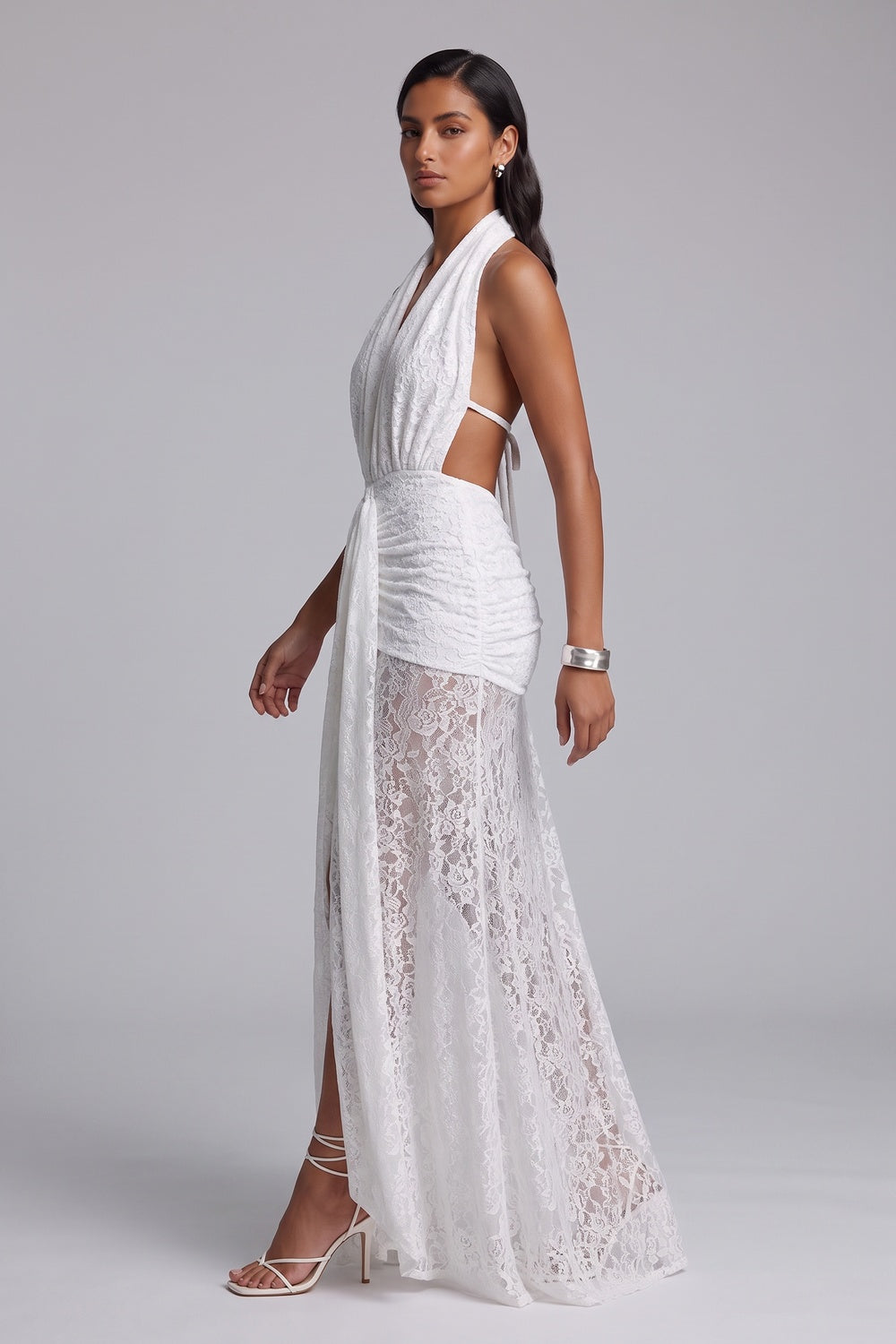 a5d19793aba434df WHITE LACE COLUMN GOWN WITH FRONT SLIT