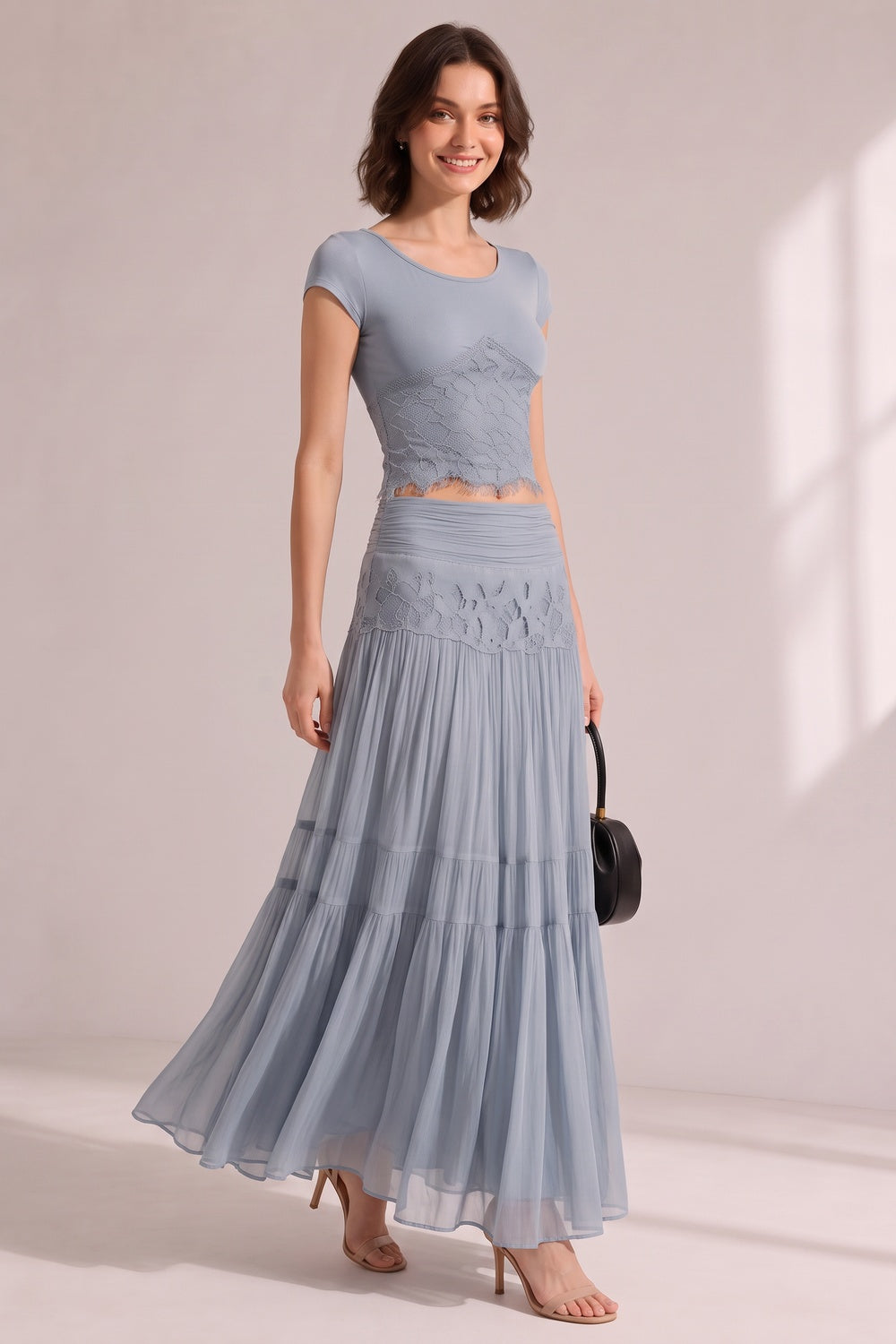 DUSTY BLUE LACE CROP TOP & TIERED MIDI SKIRT SET