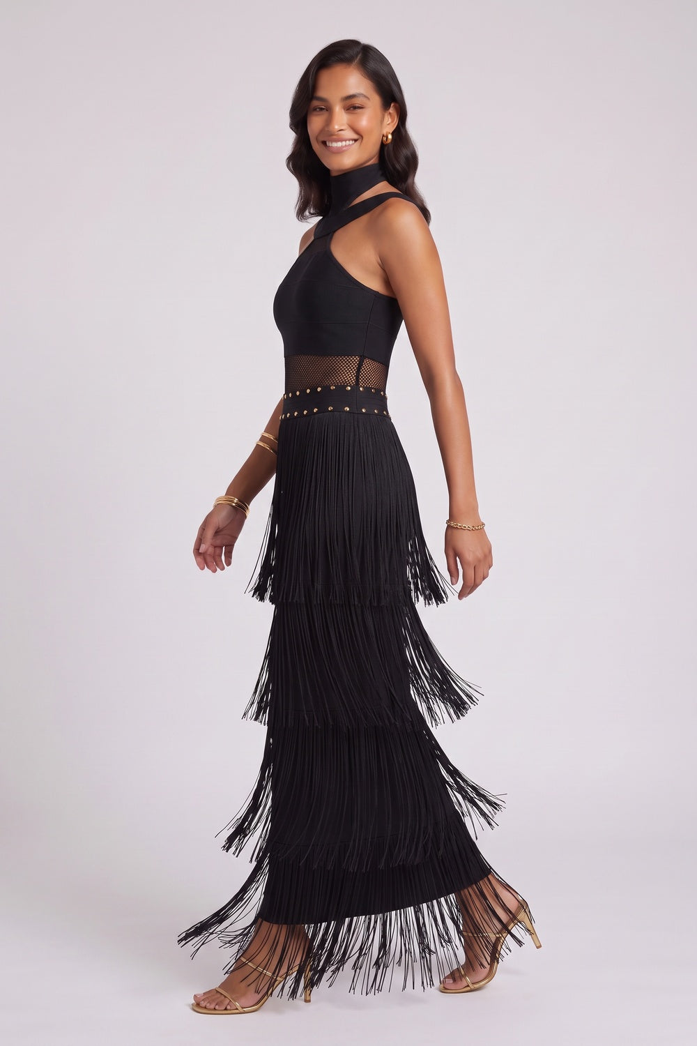 a60bb6cb39d26e2d BLACK BANDAGE KNIT COLUMN DRESS FOR EVENING