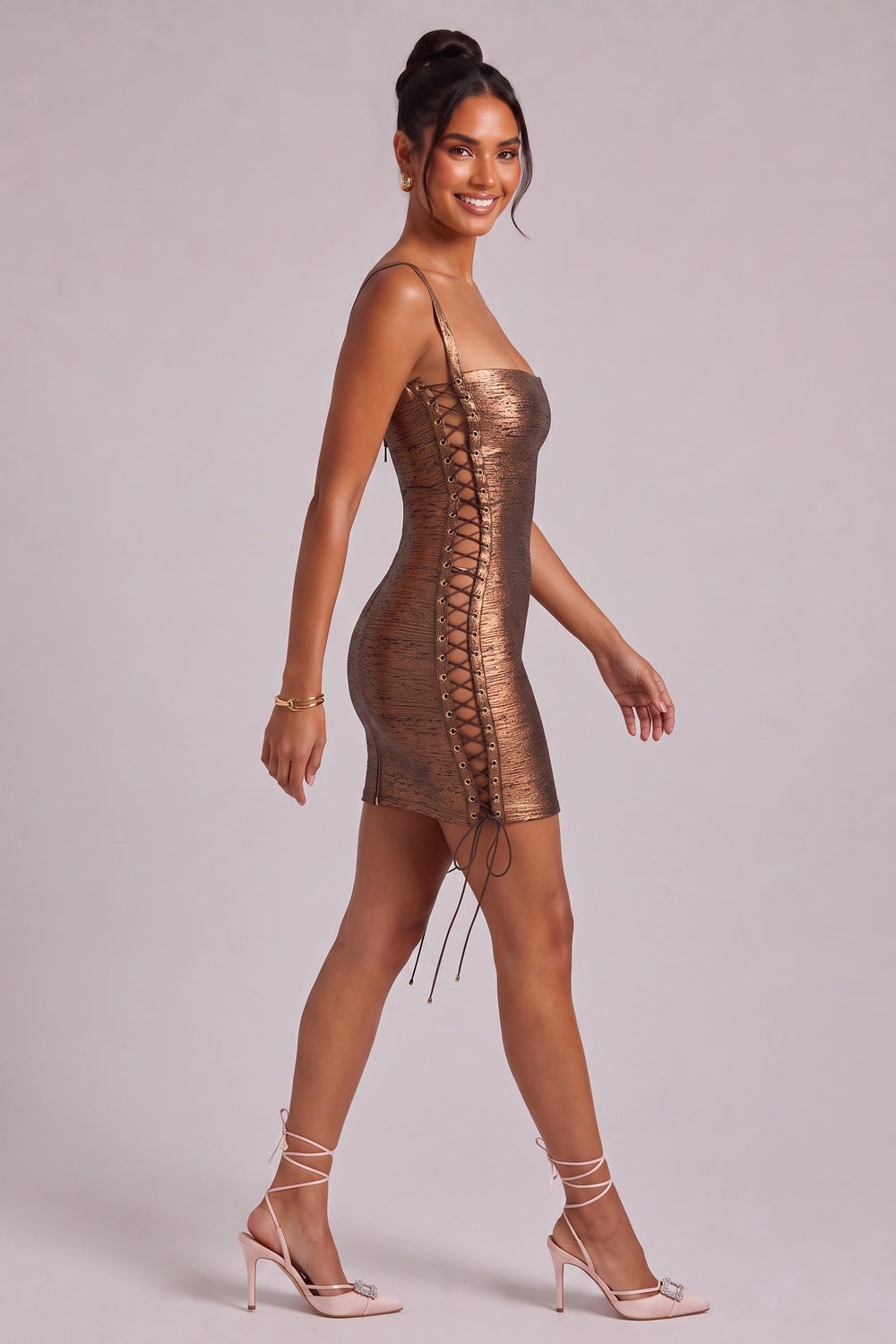 a68d80e2df5e59ad METALLIC BRONZE LACE-UP MINI DRESS FOR PARTY NIGHT