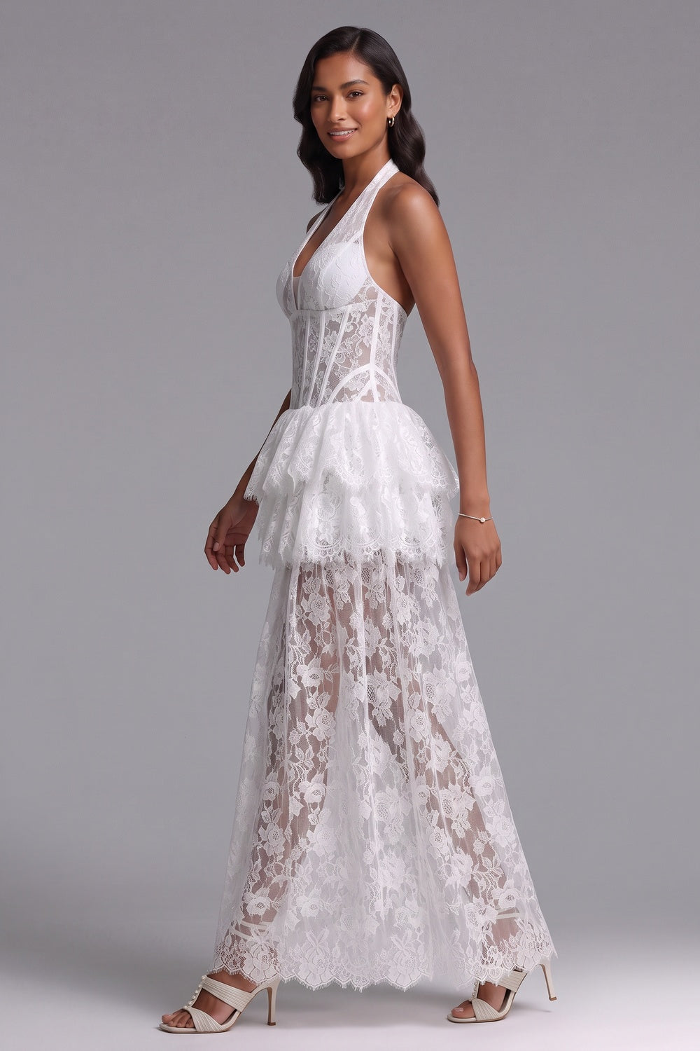 WHITE LACE CORSET PEPLUM DRESS TIERED SKIRT WEDDING GUEST