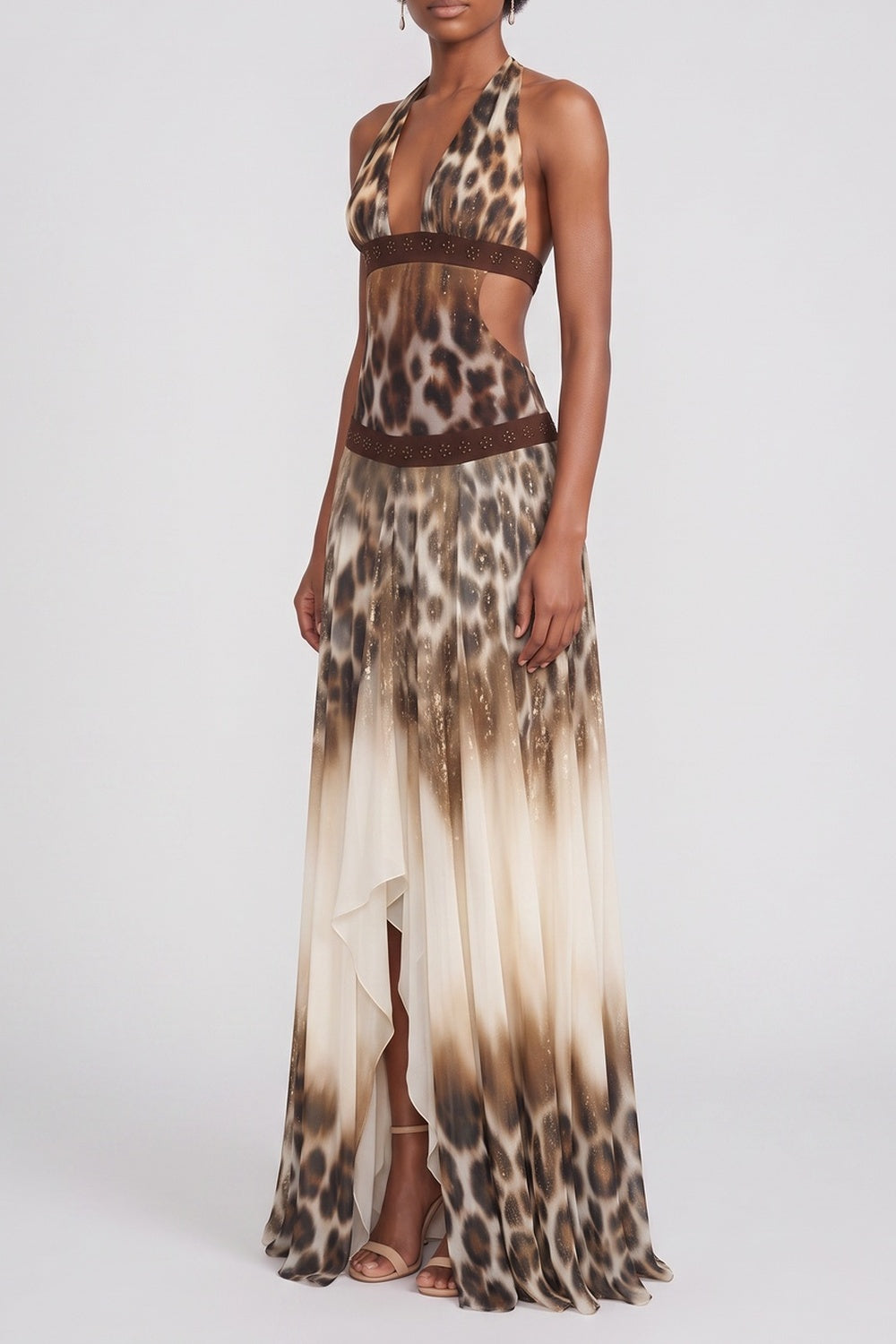HALTER LEOPARD MAXI DRESS BEADED SPLIT EVENING