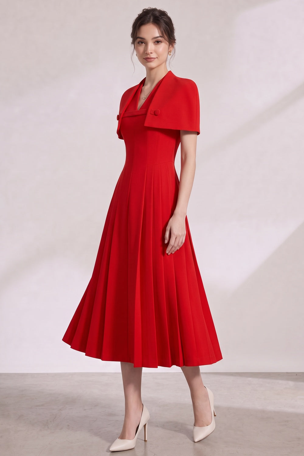 a81b0d6b5afc4cad RED CREPE FIT-AND-FLARE MIDI DRESS WITH CAPELET