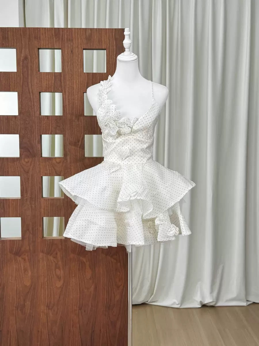 a820df3380fbf1a7e91153e43479cd2b ASYMMETRIC STRAP POLKA DOT RUFFLE MINI DRESS