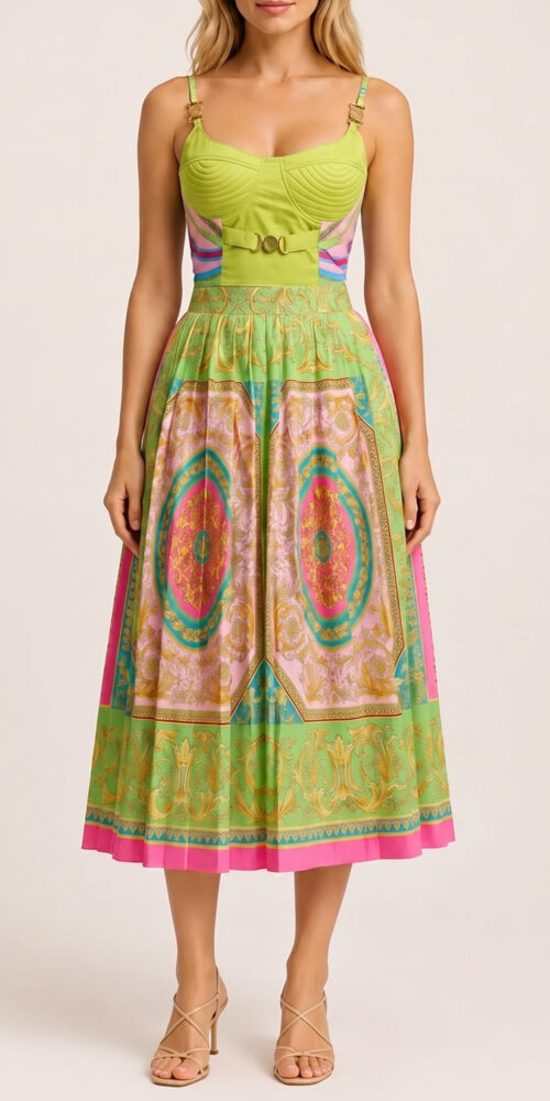 a877563363106cab BAROQUE PRINT CORSET MIDI DRESS WITH ADJUSTABLE STRAPS