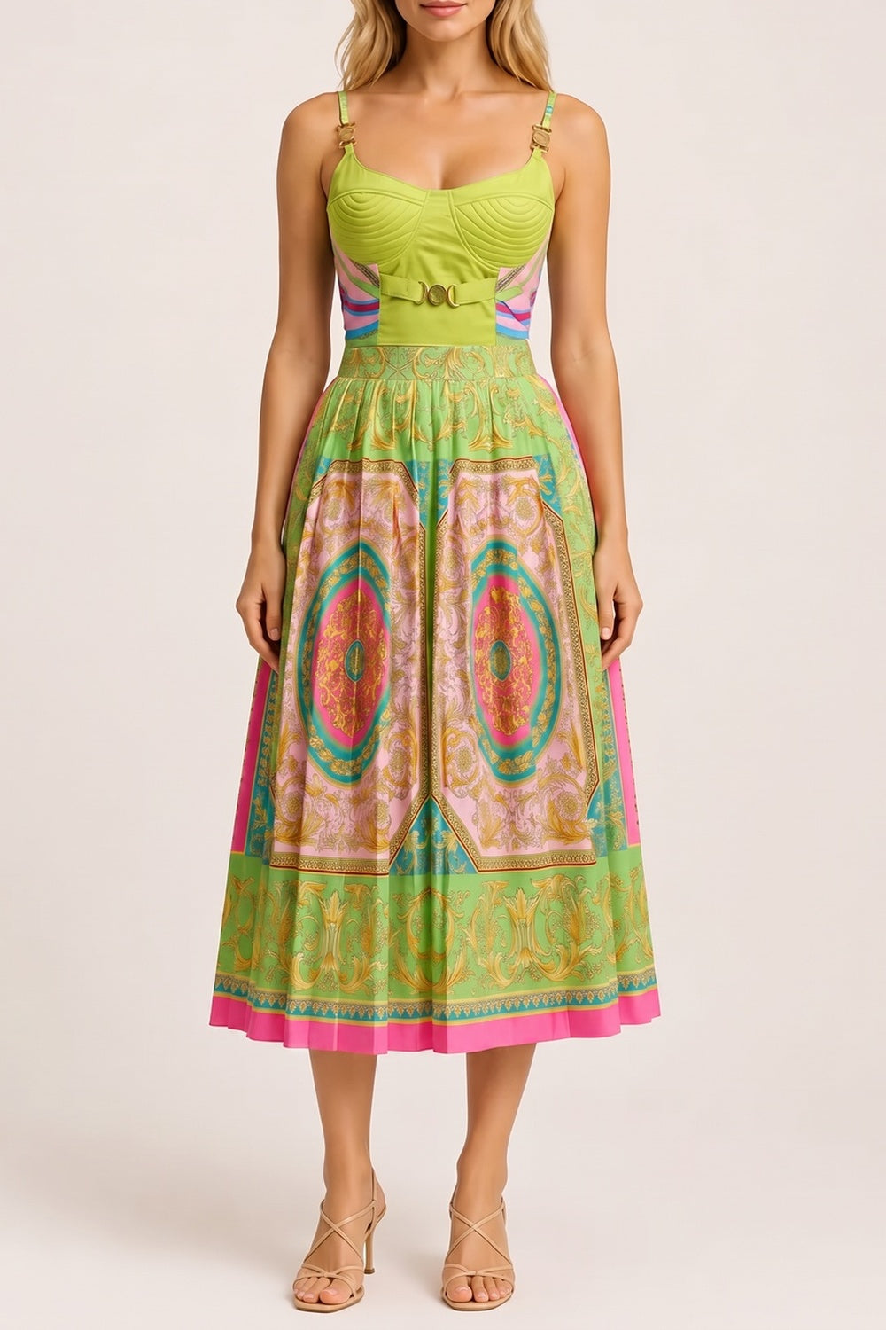 a877563363106cab BAROQUE PRINT CORSET MIDI DRESS WITH ADJUSTABLE STRAPS